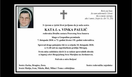 Preminula je s. Vinka (Kata) Paulić
